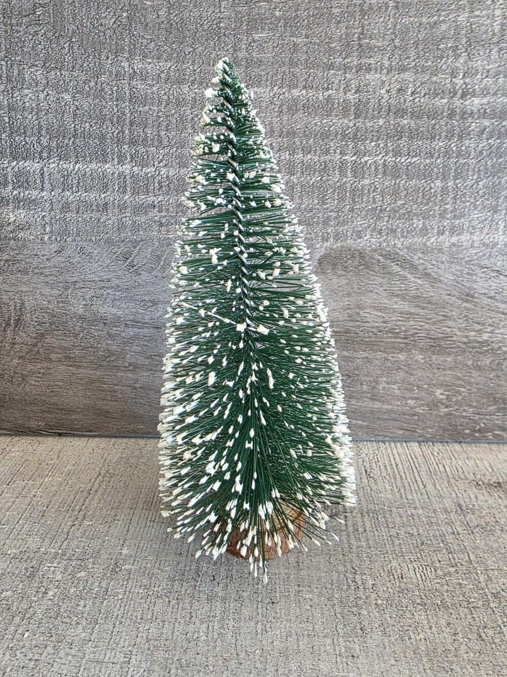 Flocked Green Faux Pine Bottlebrush Christmas Tree Wood Base 6.5" Tall 124g